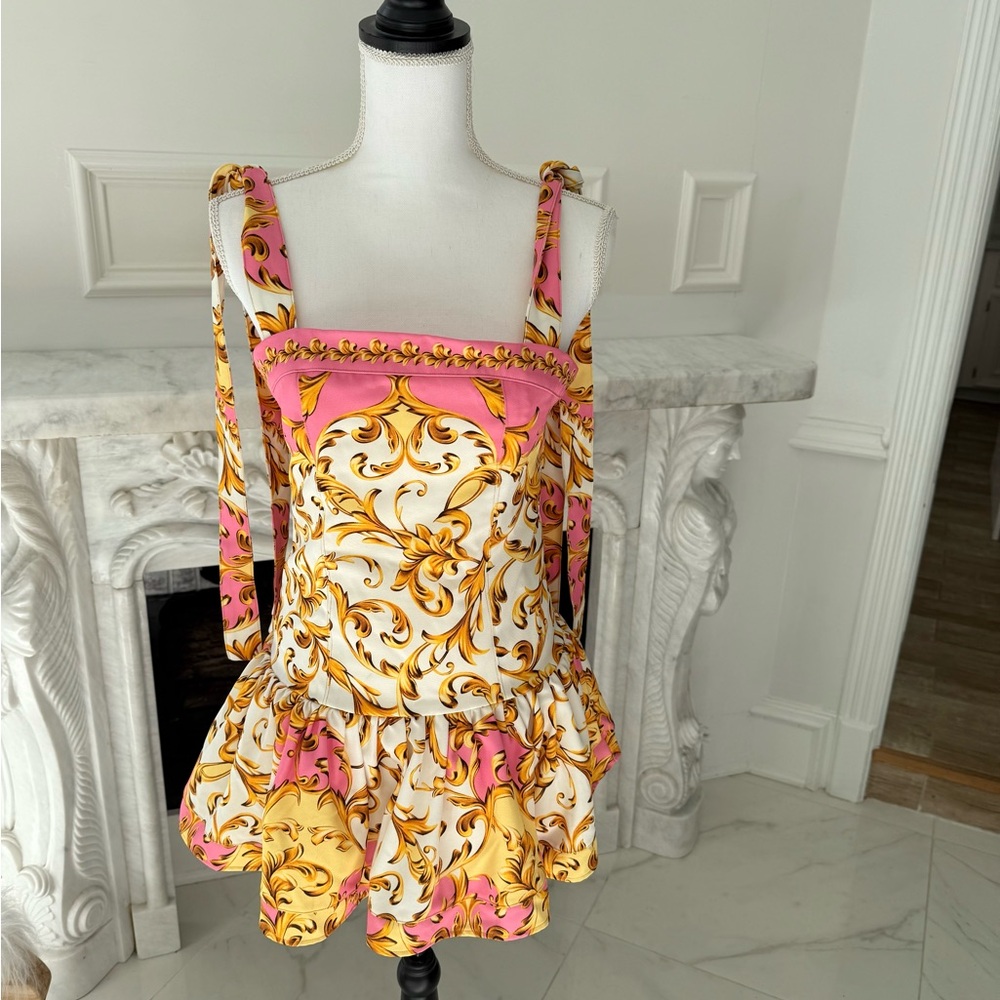 Agua Bendita Pink and Gold Floral Dress